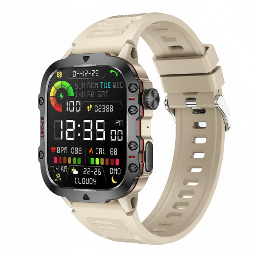 Digital smartwatch with a beige strap on a white background