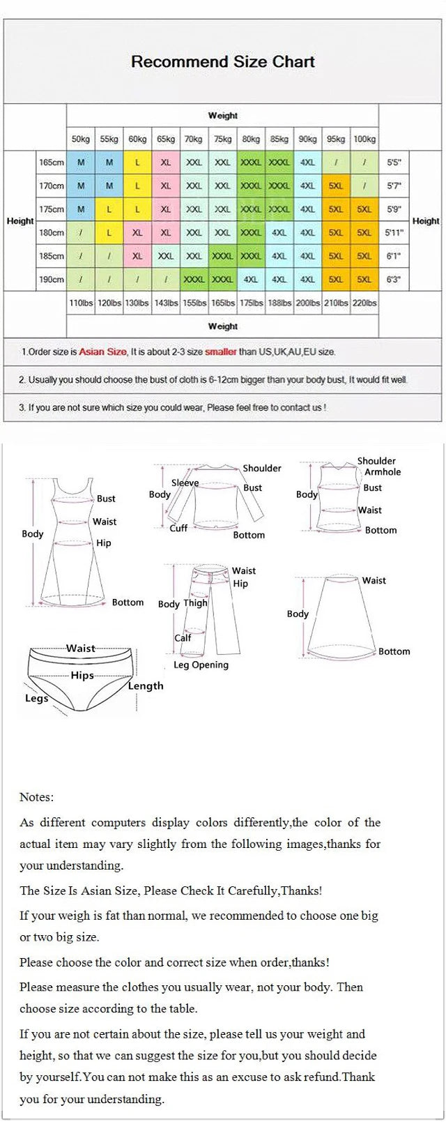 Size chart for clothing with weight, height, and waist measurements.