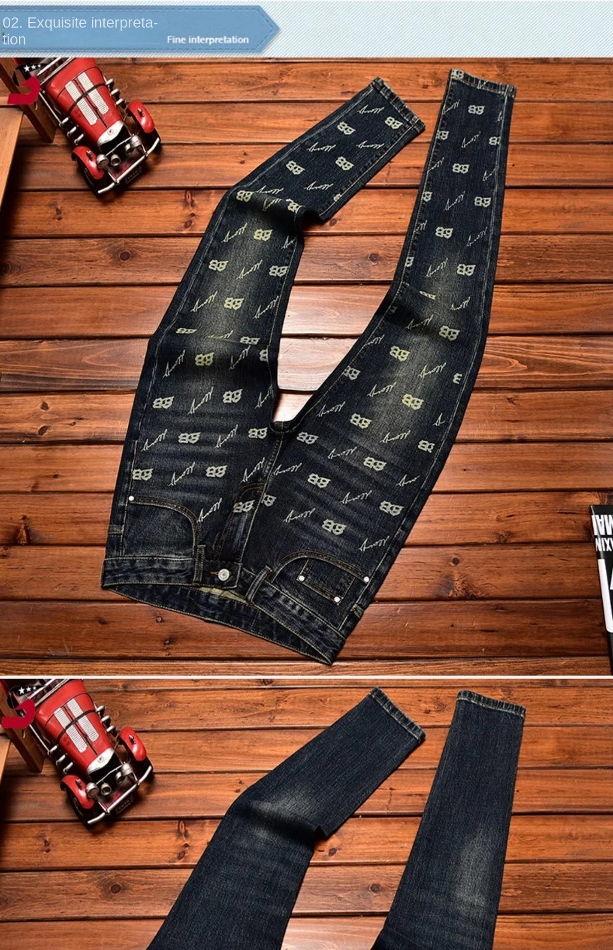 Autumn and winter light luxury printed jeans MEN'S slim fit skinny elastic trend fashionable retro blue denim trove