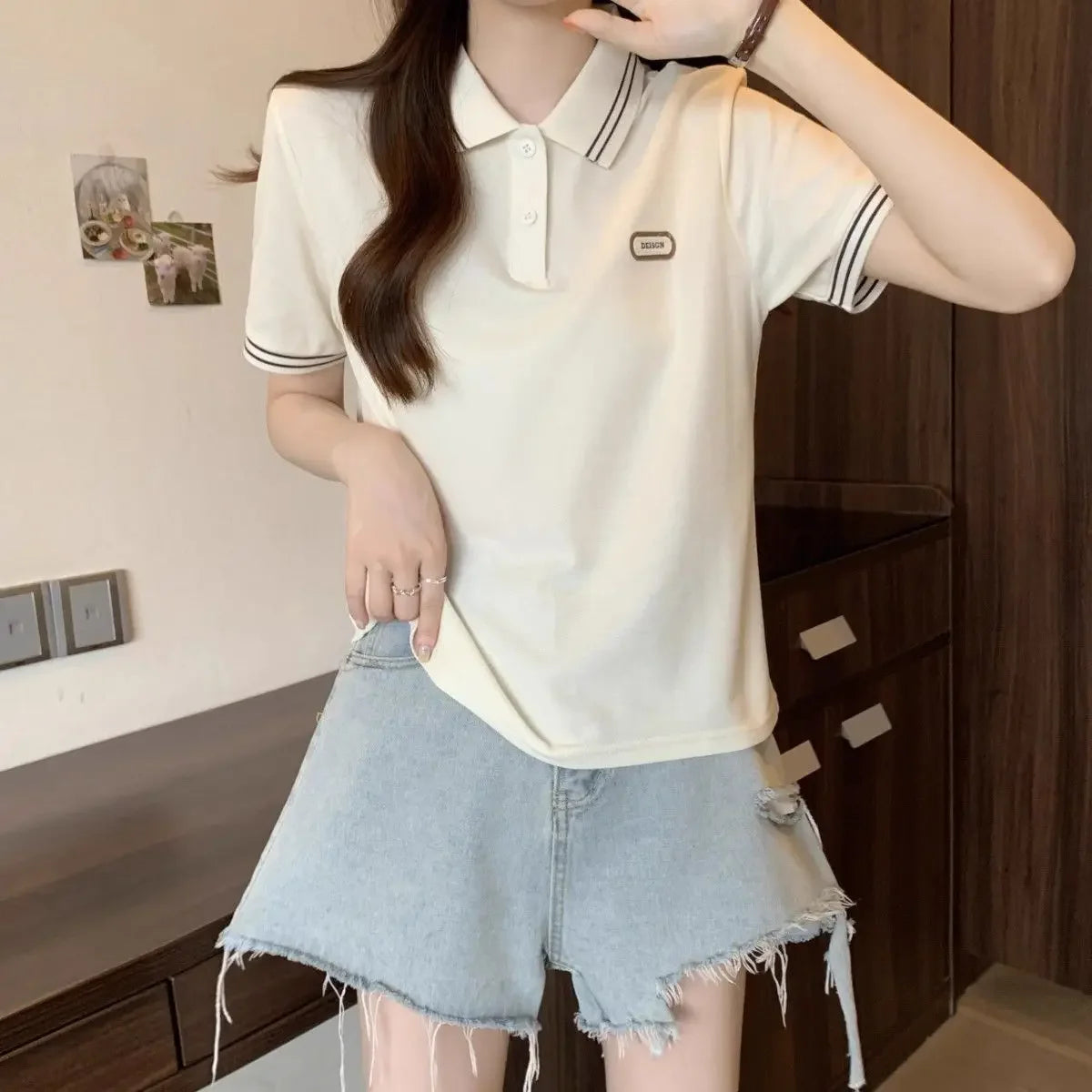 Baggy Female Tee Women's Polo Short Sleeve T-shirt Korean Clothing Youthful Elegant in Trend 2025 Sales Youth Aesthetic T-shirts