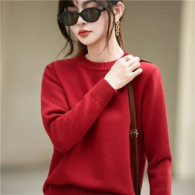 Women's autumn and winter 100% pure cotton knitted round neck soft pullover casual solid color warm sweater fashionable hot sell
