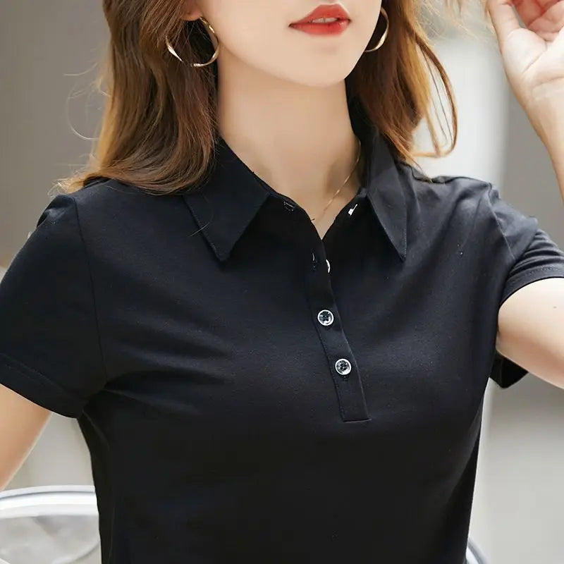 Female Tee Slim 100℅ Cotton Plain Button Women's Polo Korean Clothing Goth T-shirts Elegant Cheap Aesthetic Hot Sales Emo Kpop