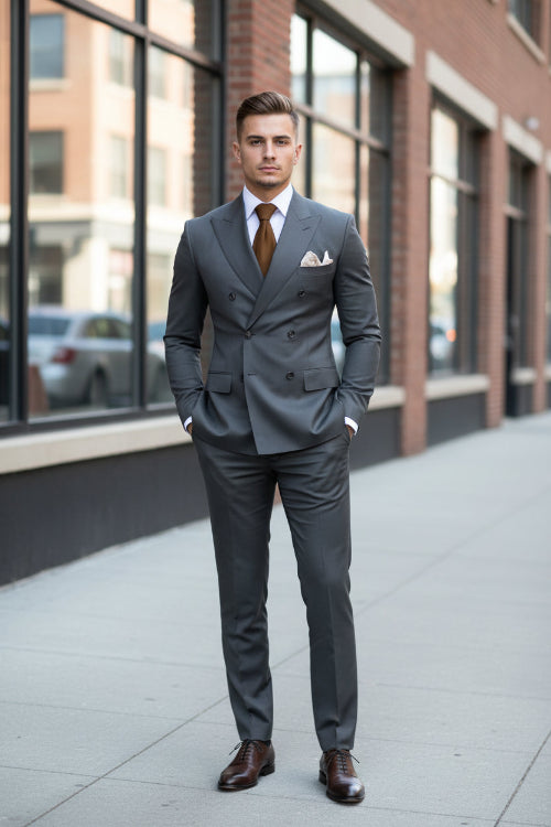 Gray suit with brown tie and pocket square, featuring 'Customize Mens-Tuxe Store' text.