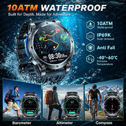 A rugged waterproof smartwatch with a round digital display and black textured strap, shown underwater 