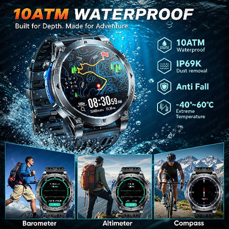 A rugged waterproof smartwatch with a round digital display and black textured strap, shown underwater 