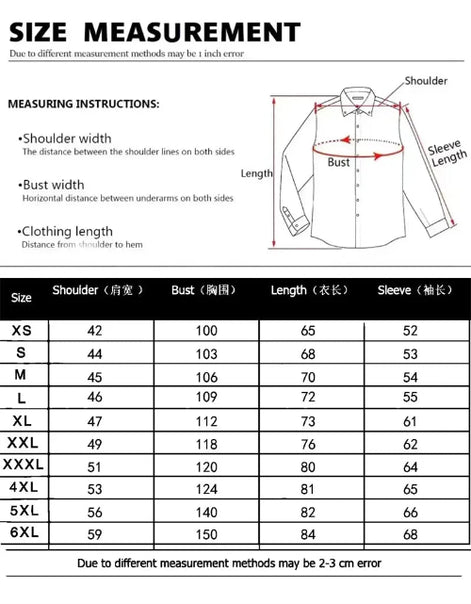 Measurement chart for shirts with shoulder, bust, length, and sleeve dimensions.