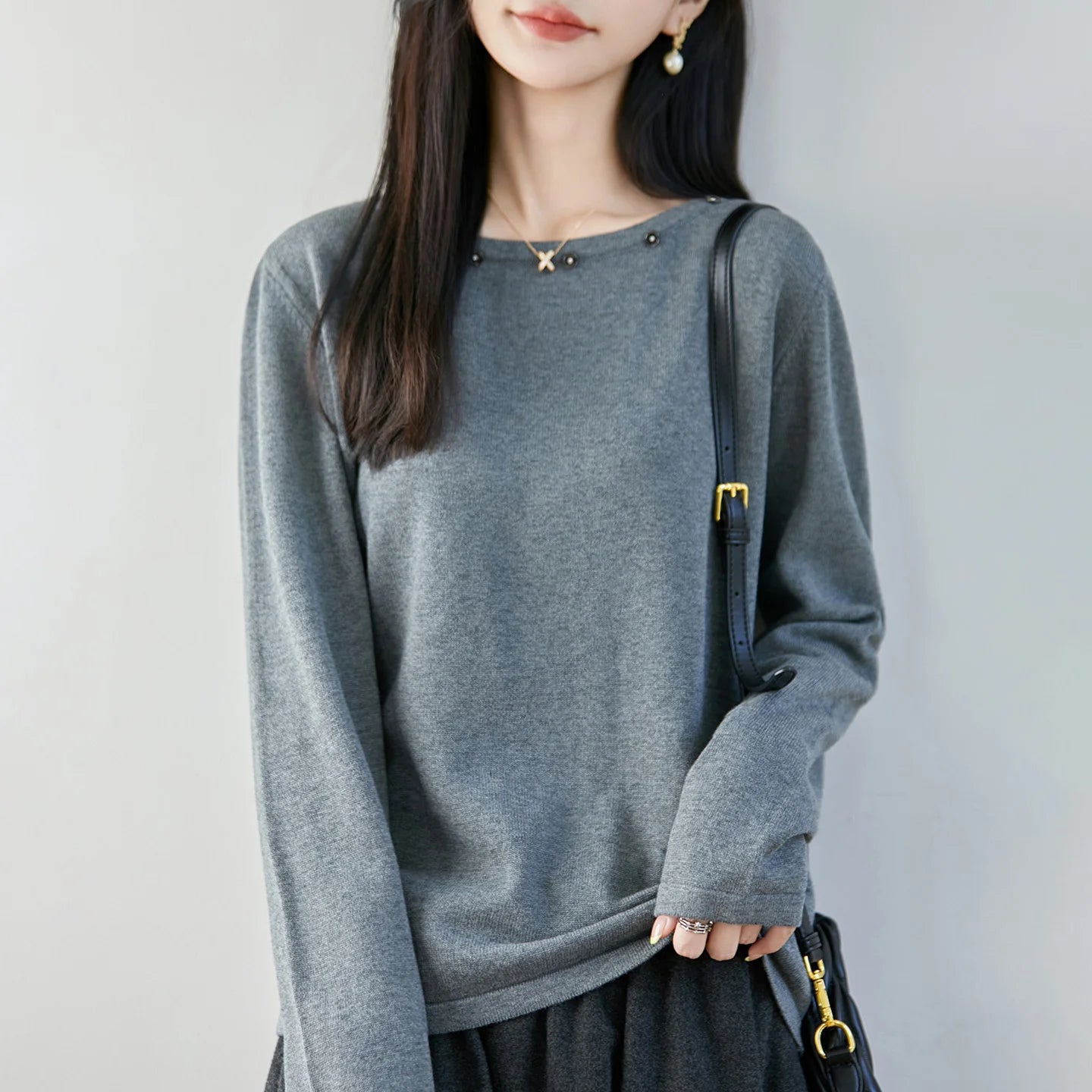 High end fashion 100% pure cotton women's sweater casual knitted round neck pullover autumn and winter solid color women's top