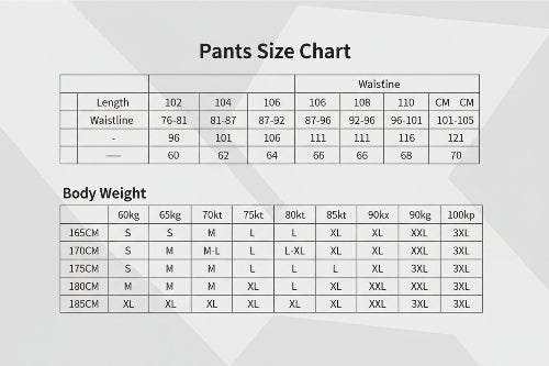 Size chart for pants and body weight on a dark textured background