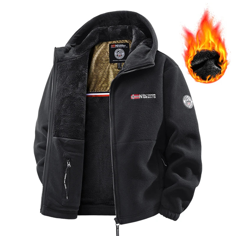 Black fleece jacket with brand logo on a white background