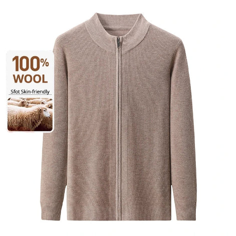Beige zip-up sweater with 100% wool text and sheep inset on a white background