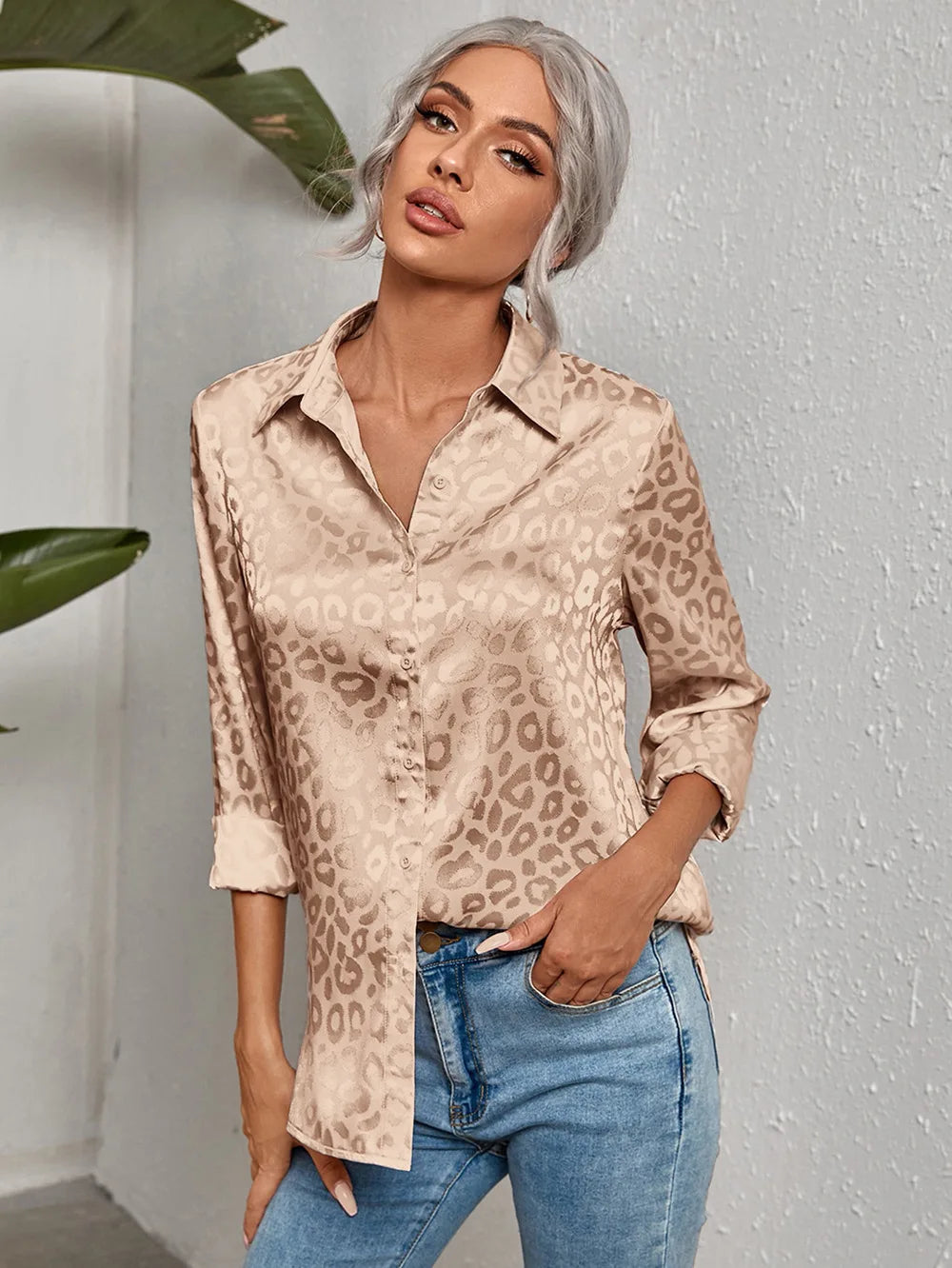 Women Leopard Print Luxury Blouse Spring Summer Long Sleeve Lapen Vintage Button Up Shirt Office Lady Satin Tunics Harajuku Top