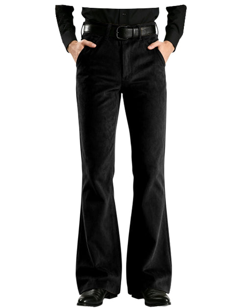 Black flared pants with a black belt, shown on a headless model with hands in pockets, wearing a black top and black shoes against a white background.