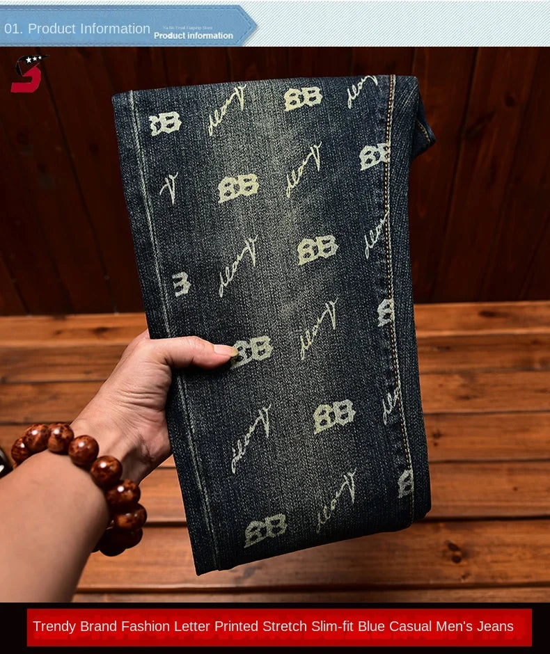 Autumn and winter light luxury printed jeans MEN'S slim fit skinny elastic trend fashionable retro blue denim trove