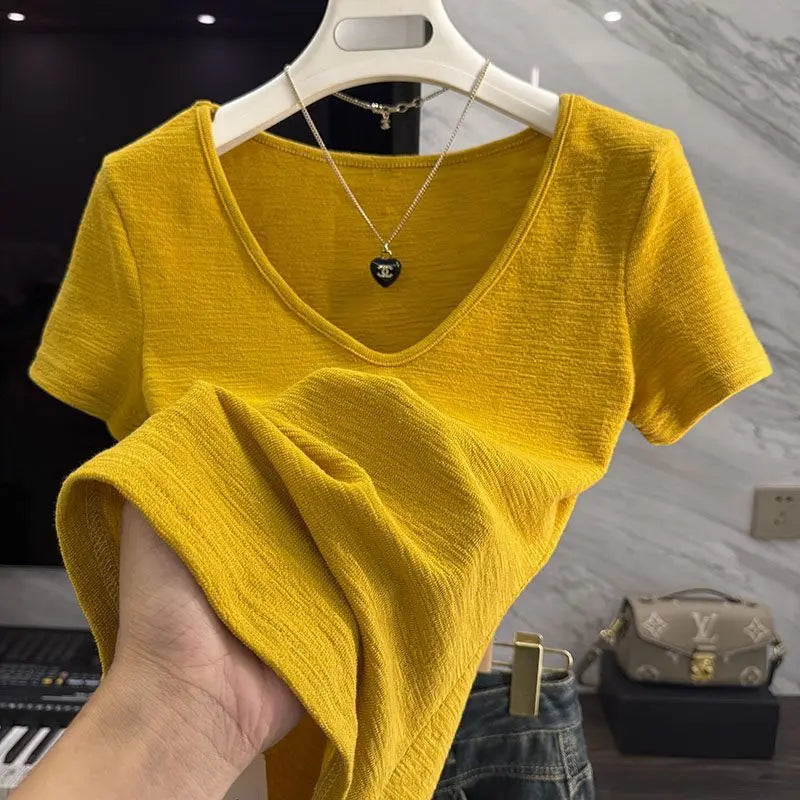Short Sleeve Simplicity Solid Street Casual T Shirts New Women Clothing V Neck All-match Fashion Tops Lazy Style Trend Summer