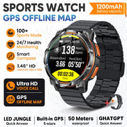 A rugged black sports watch with a black strap and orange accents, shown on a white background with promotional text and feature icons. 