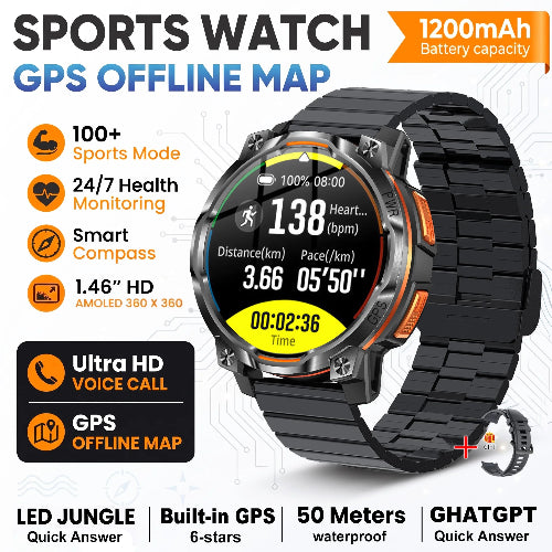 A rugged black sports watch with a black strap and orange accents, shown on a white background with promotional text and feature icons. 
