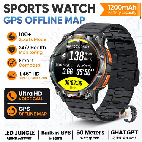 A rugged black sports watch with a black strap and orange accents, shown on a white background with promotional text and feature icons. 