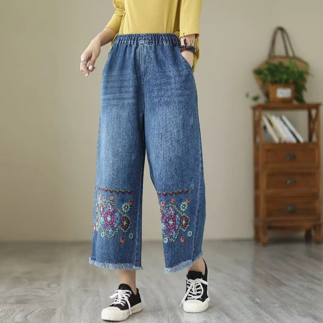 Spring Summer Ethnic Style Vintage Floral Embroidery Denim Wide Leg Pants Women High Elastic Waist Hole Casual Straight Jeans