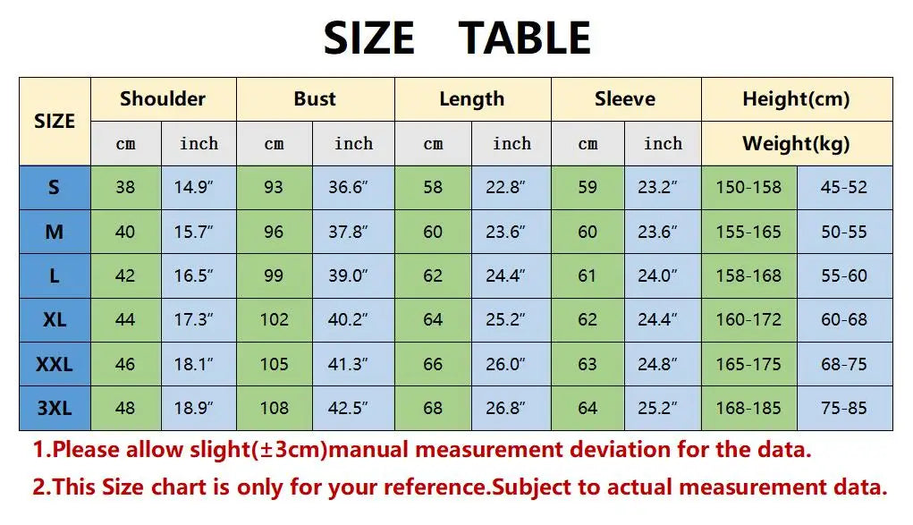 Size chart for clothing with measurements in centimeters and inches.