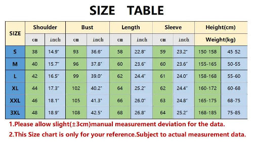 Size chart for clothing with measurements in centimeters and inches.