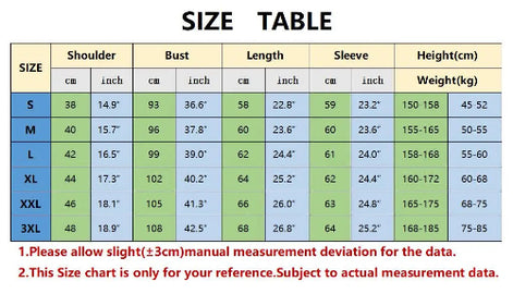 Size chart for clothing with measurements in centimeters and inches.