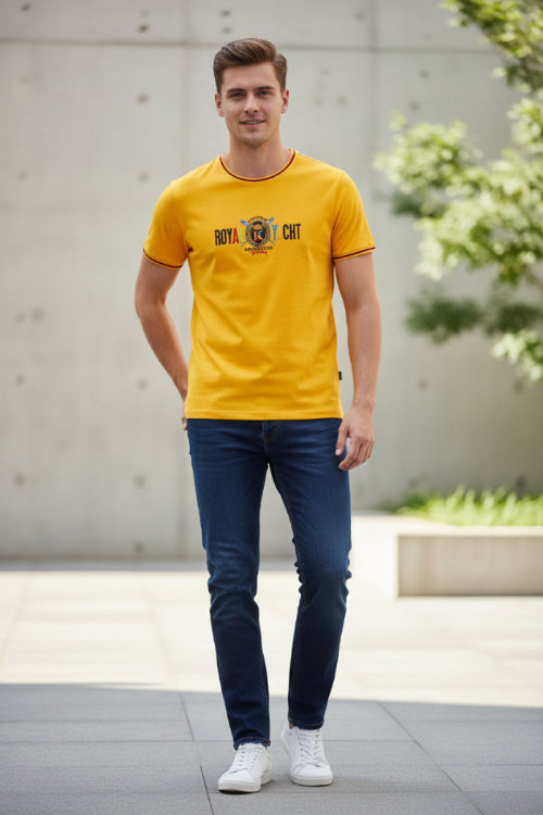 A yellow short-sleeve crewneck t-shirt with a 'ROYAL Yacht' graphic printed on the chest, featuring thin red stripes on the collar and sleeve cuffs, shown against a plain white background.