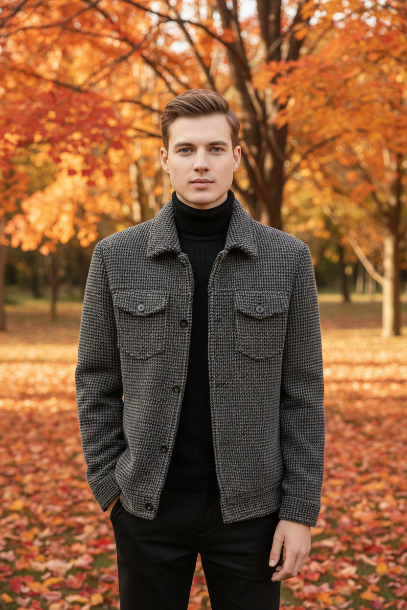 A man wearing a dark gray and black micro-houndstooth jacket over a black turtleneck sweater. The image features a flame graphic overlay on the bottom right with Chinese characters, indicating a warm fleece lining.