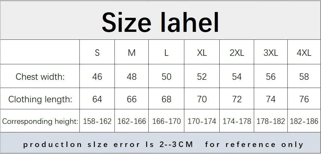 Size label chart for clothing with chest width and clothing length measurements.
