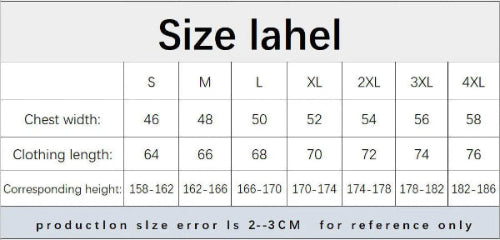 Size label chart for clothing with chest width and clothing length measurements.