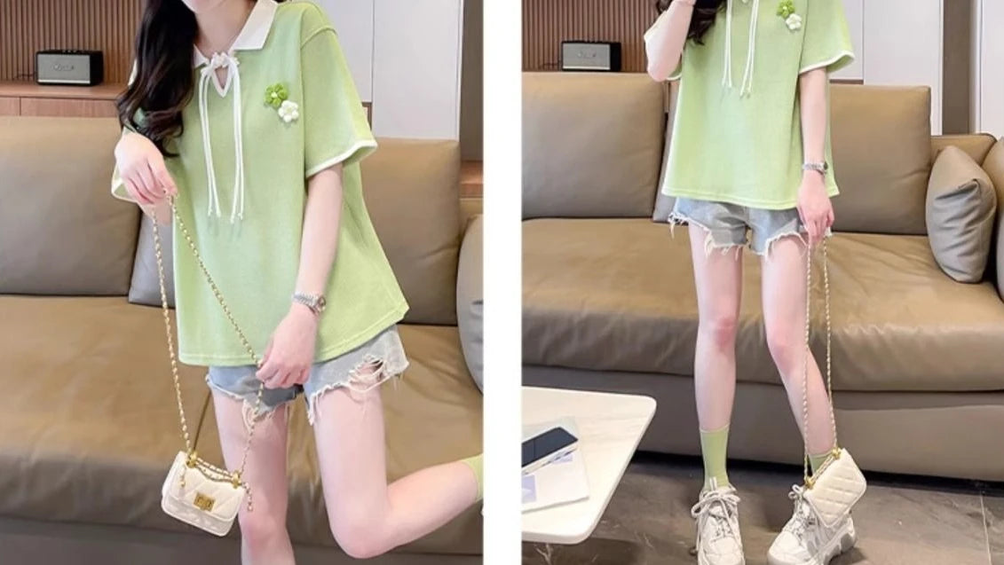 Contrast Color Baggy Woman Short Sleeve Tshirt Y2k Fashion Flower Summer Outfit Youthful Elegant New Polo Neck T Shirt for Women