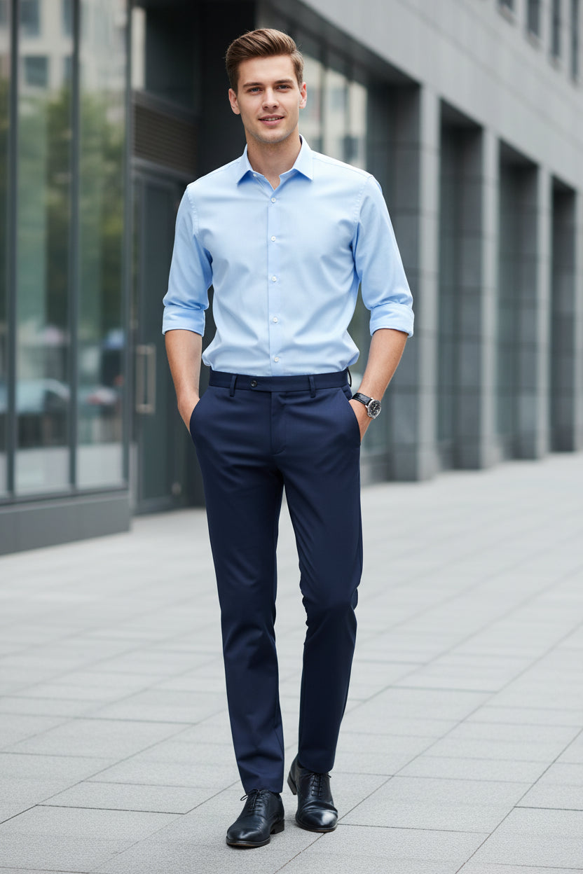 Dark gray pants worn by a person on a light gray background