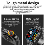 Smartwatch with text highlighting tough metal design, classic crown, and metal frame.