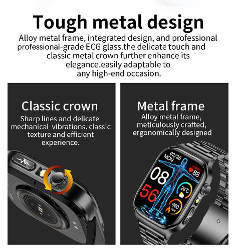 Smartwatch with text highlighting tough metal design, classic crown, and metal frame.