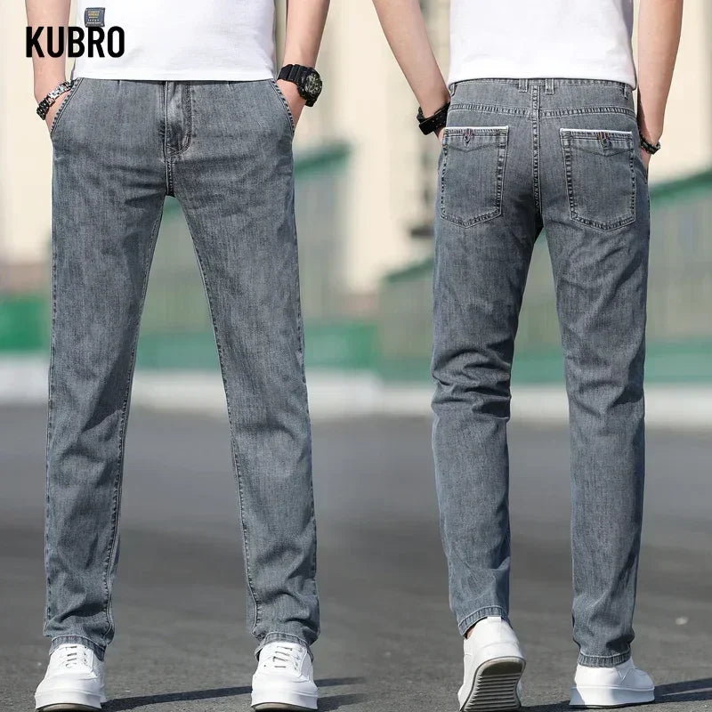Two views of gray jeans being worn on a blurred background with 'KUBRO' branding.