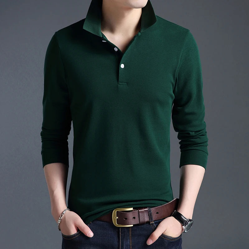 Top Grade New Fashion Men Polo Shirt Solid Color Slim Fit Polo Men Long Sleeve Mercerized Cotton Casual Polos Shirt Mens M-4XL