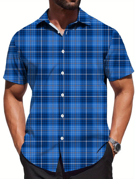 Man wearing a blue plaid short-sleeve shirt on a white background