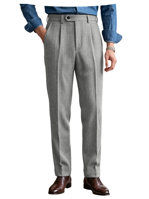 Light gray herringbone pleated suit trousers shown on a white background