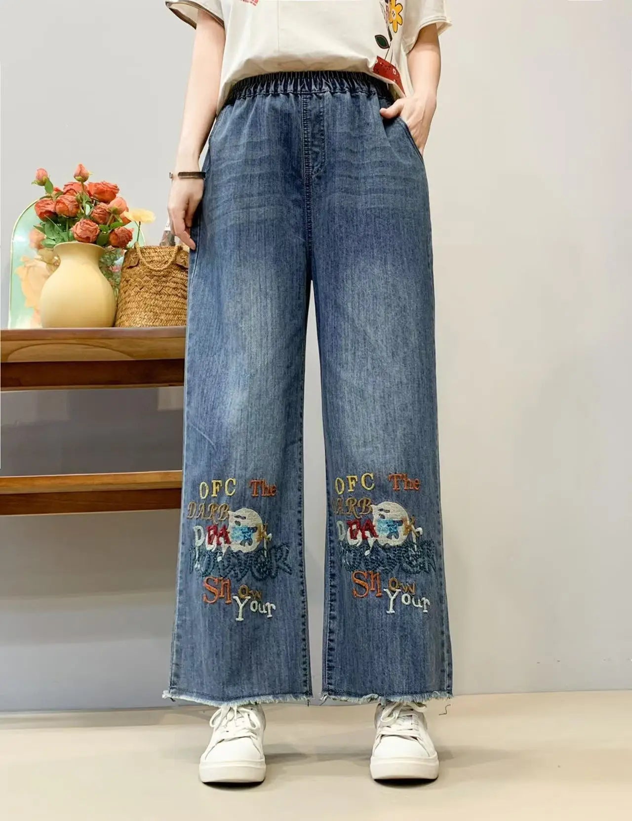 Spring Summer Ethnic Style Vintage Floral Embroidery Denim Wide Leg Pants Women High Elastic Waist Hole Casual Straight Jeans