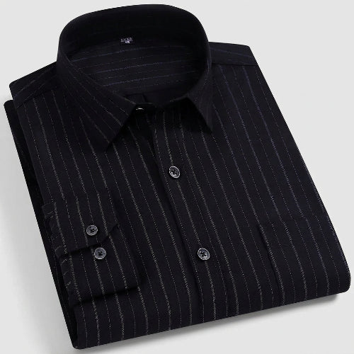 A folded long-sleeve button-up dress shirt in black with thin vertical gray pinstripes, shown on a white background with Chinese promotional text overlays and a product code M208-11.