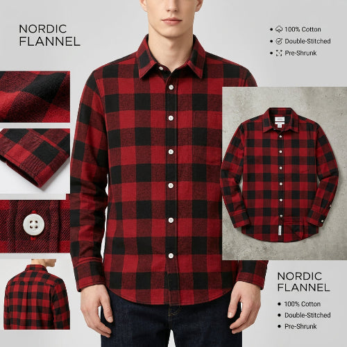 A man wearing a red and black buffalo plaid long-sleeve button-up flannel shirt, paired with dark jeans, against a plain light gray background.