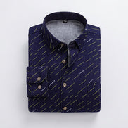 A folded navy blue long-sleeve shirt with a visible gray fleece lining, shown on a white background 