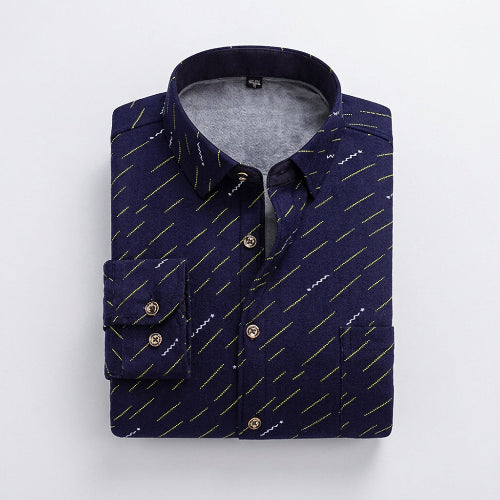 A folded navy blue long-sleeve shirt with a visible gray fleece lining, shown on a white background 