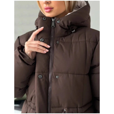 Brown Hooded Quilted Cotton Jacket Fashion Waist Cinch Drawstring Zip Pocket Warm Coat 2026 Women's Winter Casual Street Outfit