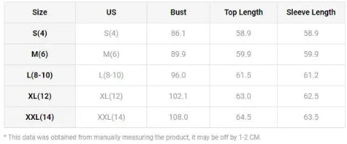 Table displaying size chart for top measurements including bust, top length, and sleeve length.