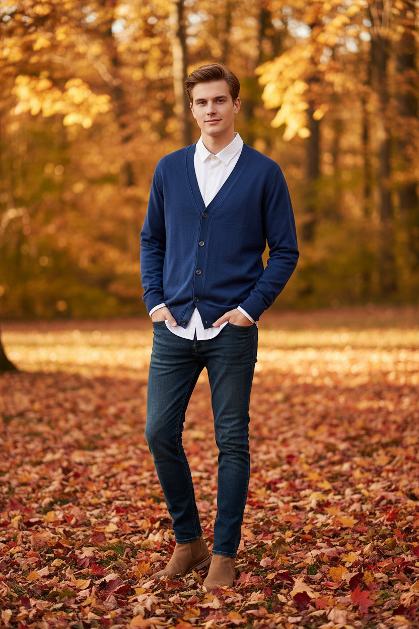 Blue cardigan over a white shirt on a wooden hanger against a wooden background
