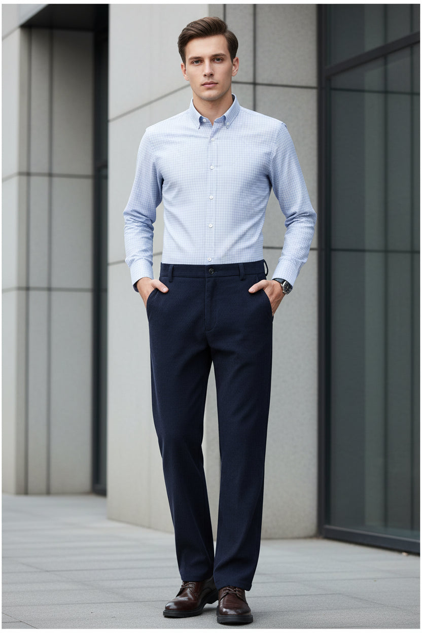 Navy blue dress pants shown from front and side on a plain background