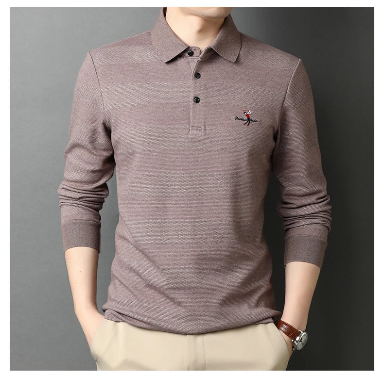 2025 High End New Fashion Brand Striped Designer Embroidery Casual Turn Down Collar Long Sleeve Polo Shirts Men Tops Men Clothes