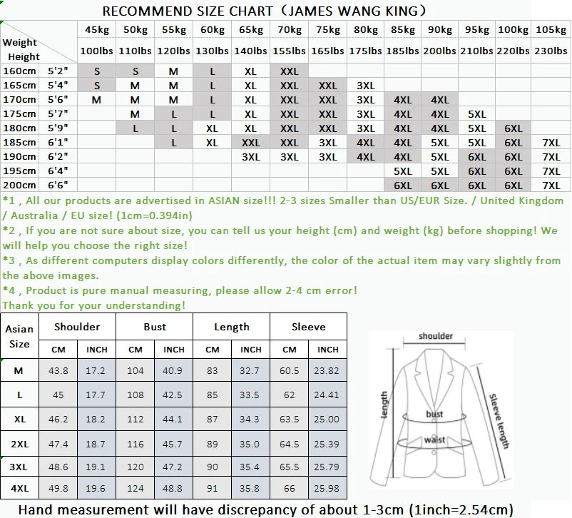 A size chart table for James Wang King men's clothing, showing height, weight, and size recommendations from M to 4XL in centimeters and inches, with a small body measurement diagram of a white hoodie at the bottom right.