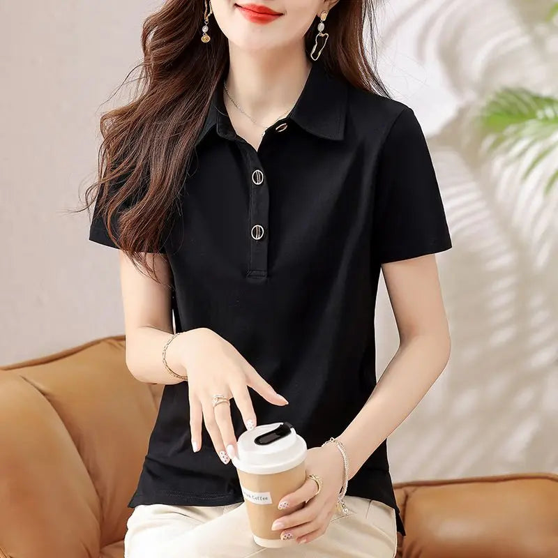 Button T-shirts Summer Outfit Black Women's Polo Short Sleeve Plain in Trend 2025 Korean Popular Clothes Original New Female Tee