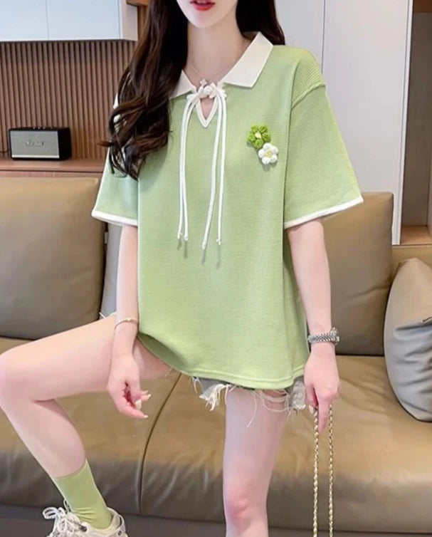 Contrast Color Baggy Woman Short Sleeve Tshirt Y2k Fashion Flower Summer Outfit Youthful Elegant New Polo Neck T Shirt for Women